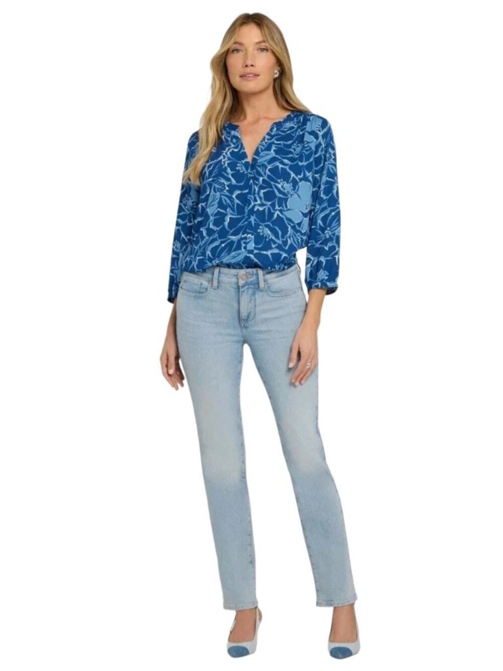 NYDJ Women Jeans Size 4P Sheri Slim Keys View Blue Criss Cross Belt Loop
